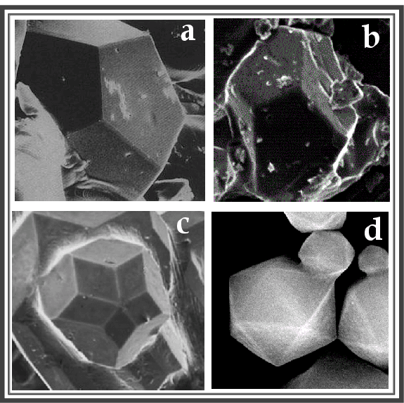 Electron microscope images of quasicrystal structures displaying icosahedral and dodecahedral geometry
